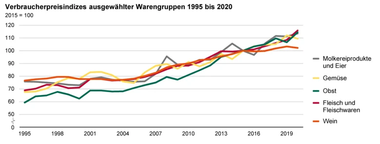 Das Liniendiagramm zeigt die Entwicklung der Verbraucherpreisindizes ausgewählter Warengruppen 1995 bis 2020