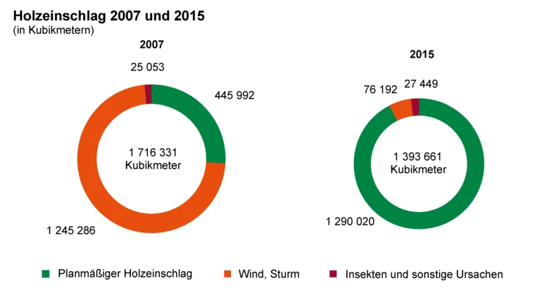 Zwei Ringgrafiken zeigen den Holzeinschlag 2007 und 2015 nach Ursachen (planmäßiger Holzeinschlag, Wind und Sturm, Insekten und sonstige Ursachen)